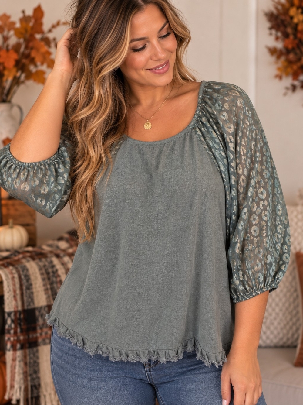 Umgee Plus XL Sage Green Metallic Leopard Sleeve Boho Blouse